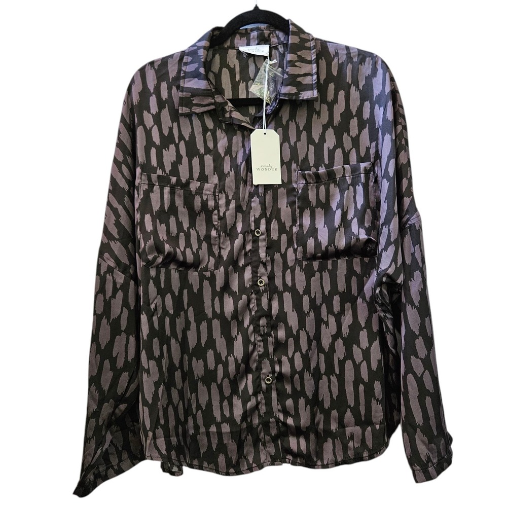 EMILY WONDER Top Women's L Black Purple NWT Abstract Button Up Tunic Whimsigoth